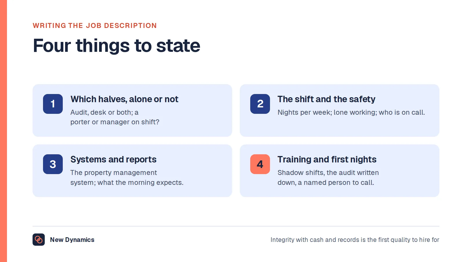 Four things a night auditor job description should state: whether the role covers the audit, the desk or both and whether the auditor works alone; the shift, rota and lone-working and on-call arrangements; the systems and the morning reports expected; and the training and first nights.