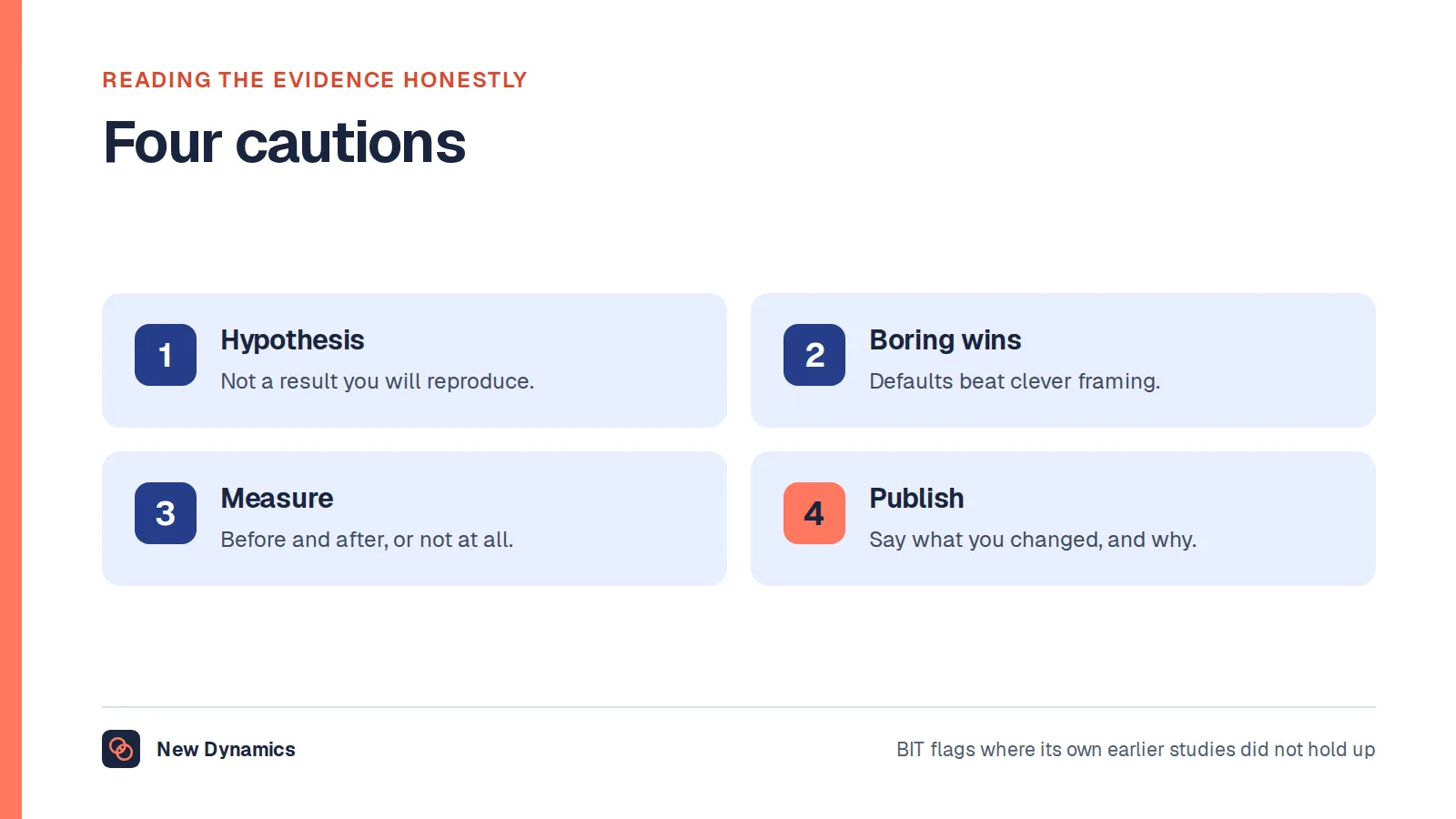 Four cautions on nudging: treat effects as hypotheses, prefer boring mechanisms, measure what you change, and publish what you did.