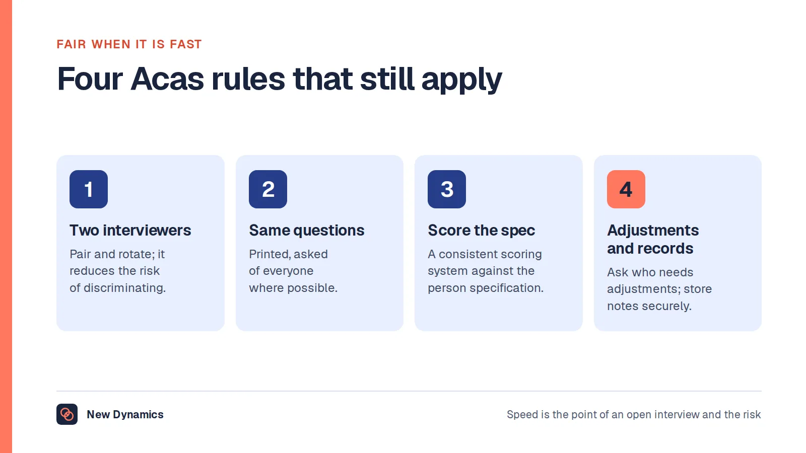 Four Acas rules that keep an open interview fair: more than one interviewer, the same questions for every candidate, scoring against the person specification, and adjustments offered with records stored securely.