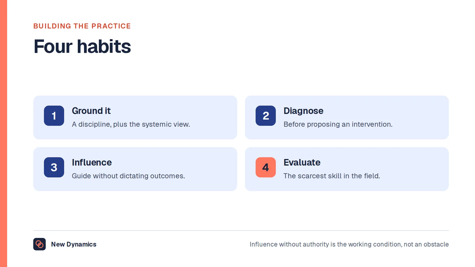 Four habits for organisation development practice: start from a discipline, learn diagnosis first, practise influence, and get good at evaluation.