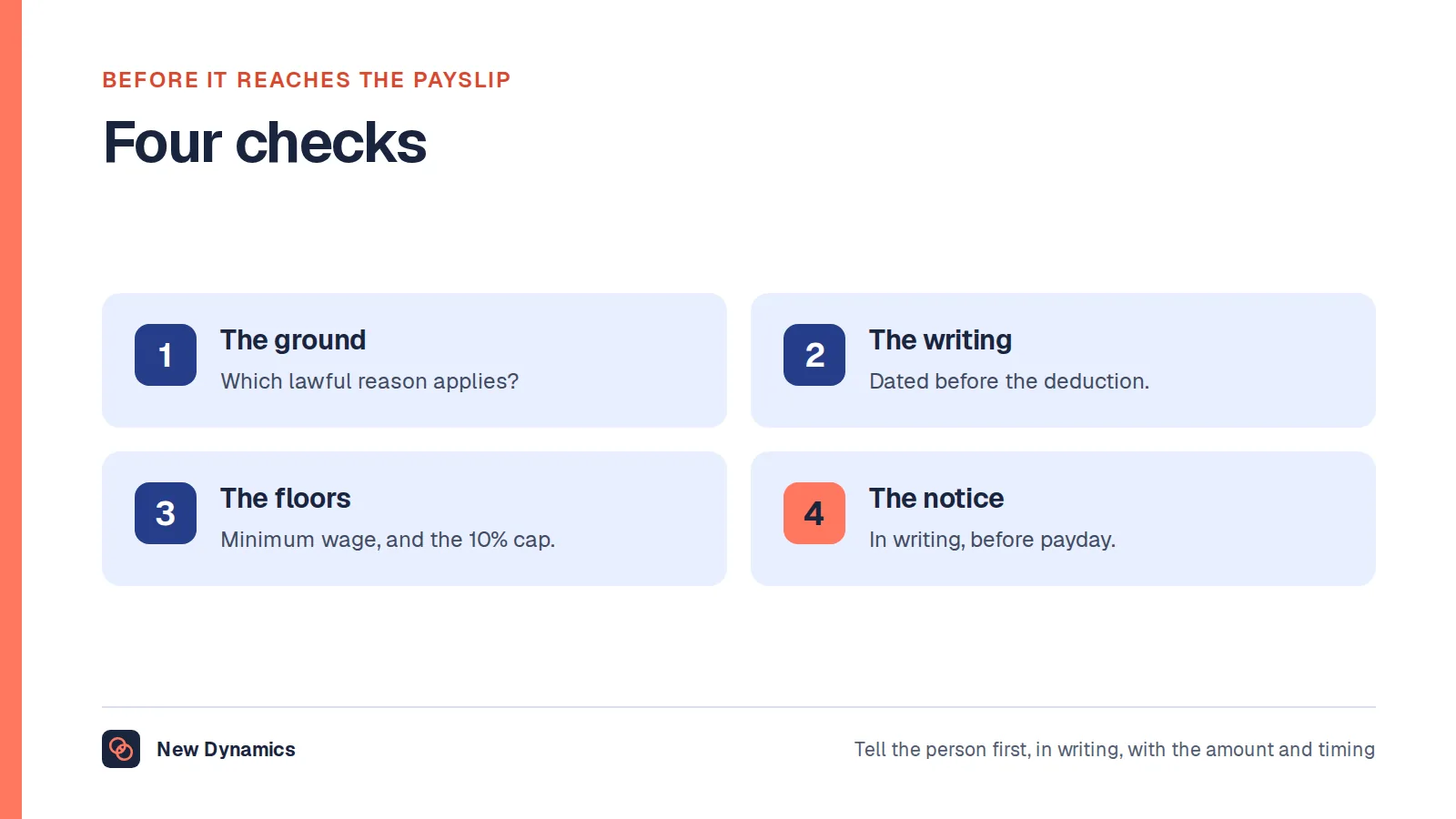 Four checks before making a deduction: find the ground, find the writing, check the floors, and tell the person first.