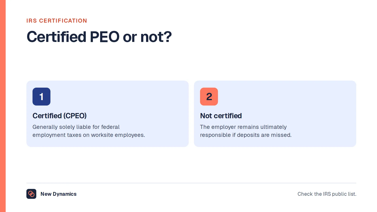 The difference IRS certification makes: with a certified PEO, the CPEO is generally solely liable for federal employment taxes on worksite employees, and without certification the employer remains ultimately responsible.