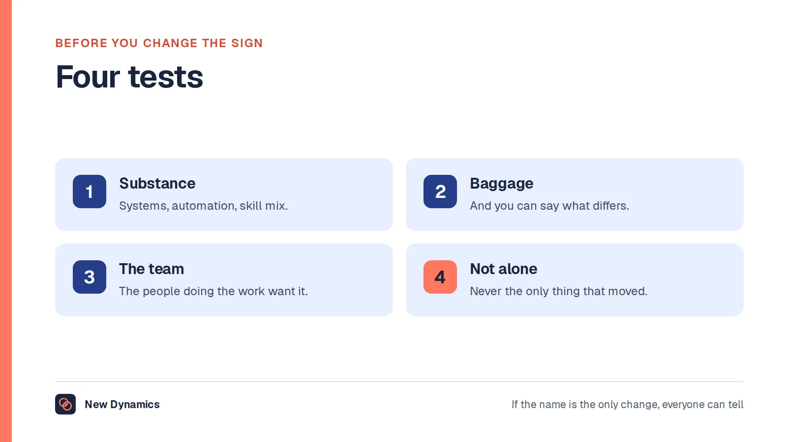 Four tests for whether a rename to people operations is worth making: something is changing, the old name carries baggage, the team wants it, and it is not the only change.