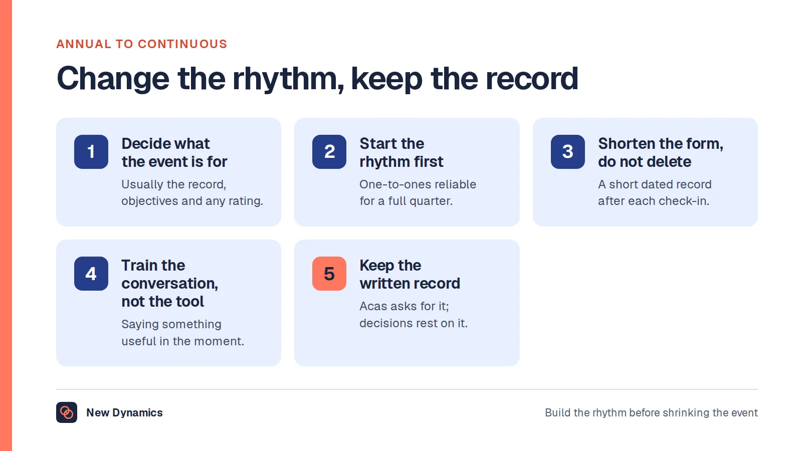 Five steps for moving from annual reviews to continuous feedback: decide what the annual event is still for, start the rhythm first, shorten the form rather than deleting it, train managers on the conversation, and keep the written record.