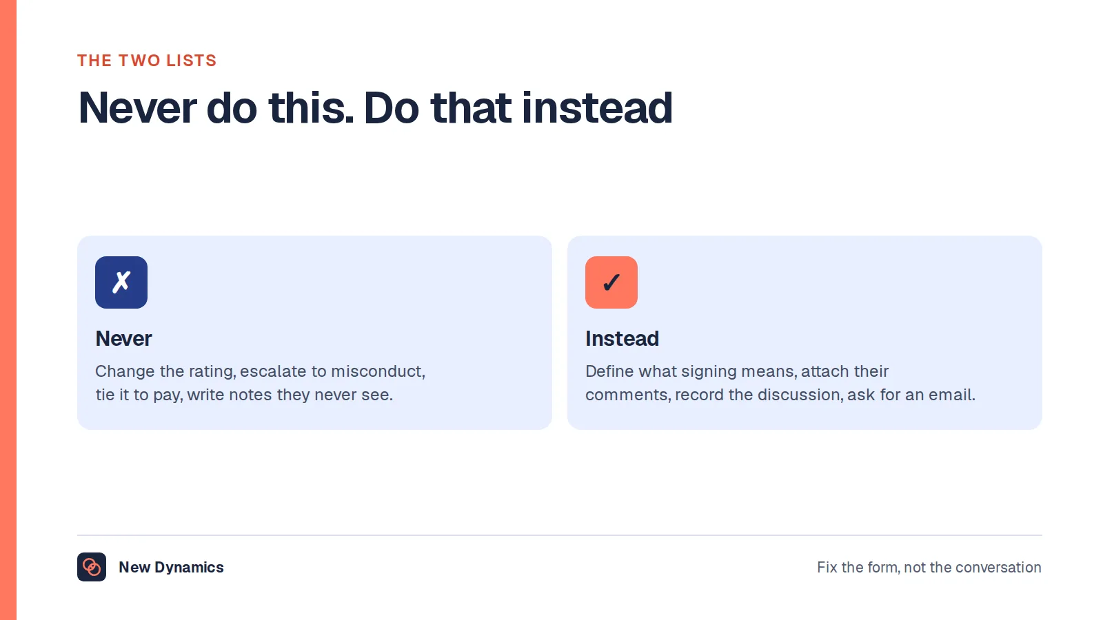 What never to do when someone will not sign a review: change the rating, treat refusal as misconduct, make the signature a condition of pay, or write refused to sign without telling them. Instead define what signing means, attach comments, record the discussion and ask for an email acknowledgement.