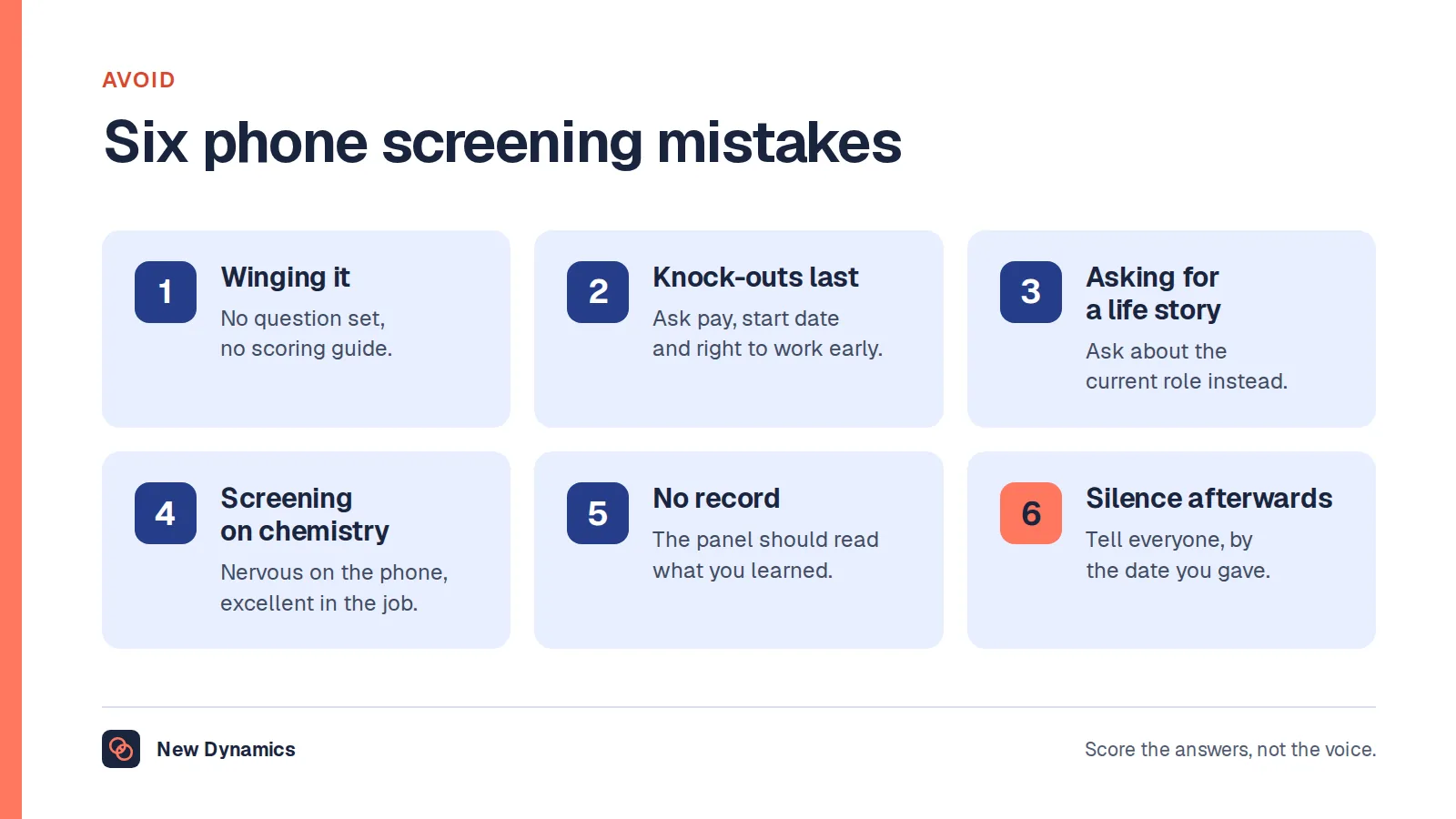 Six phone screening mistakes: winging it, leaving knock-outs to the end, asking for a life story, screening on chemistry, keeping no record, and silence afterwards.
