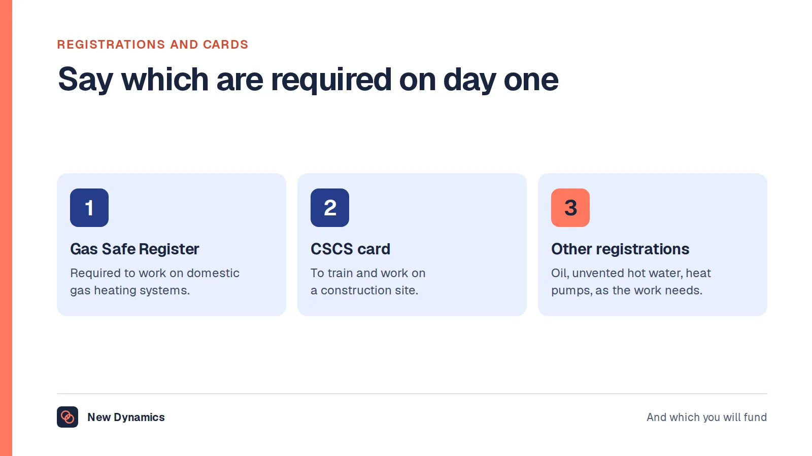 Three requirements to state in a plumber job description: Gas Safe registration for domestic gas work, a CSCS card for construction sites, and other registrations for oil, unvented cylinders and heat pumps.