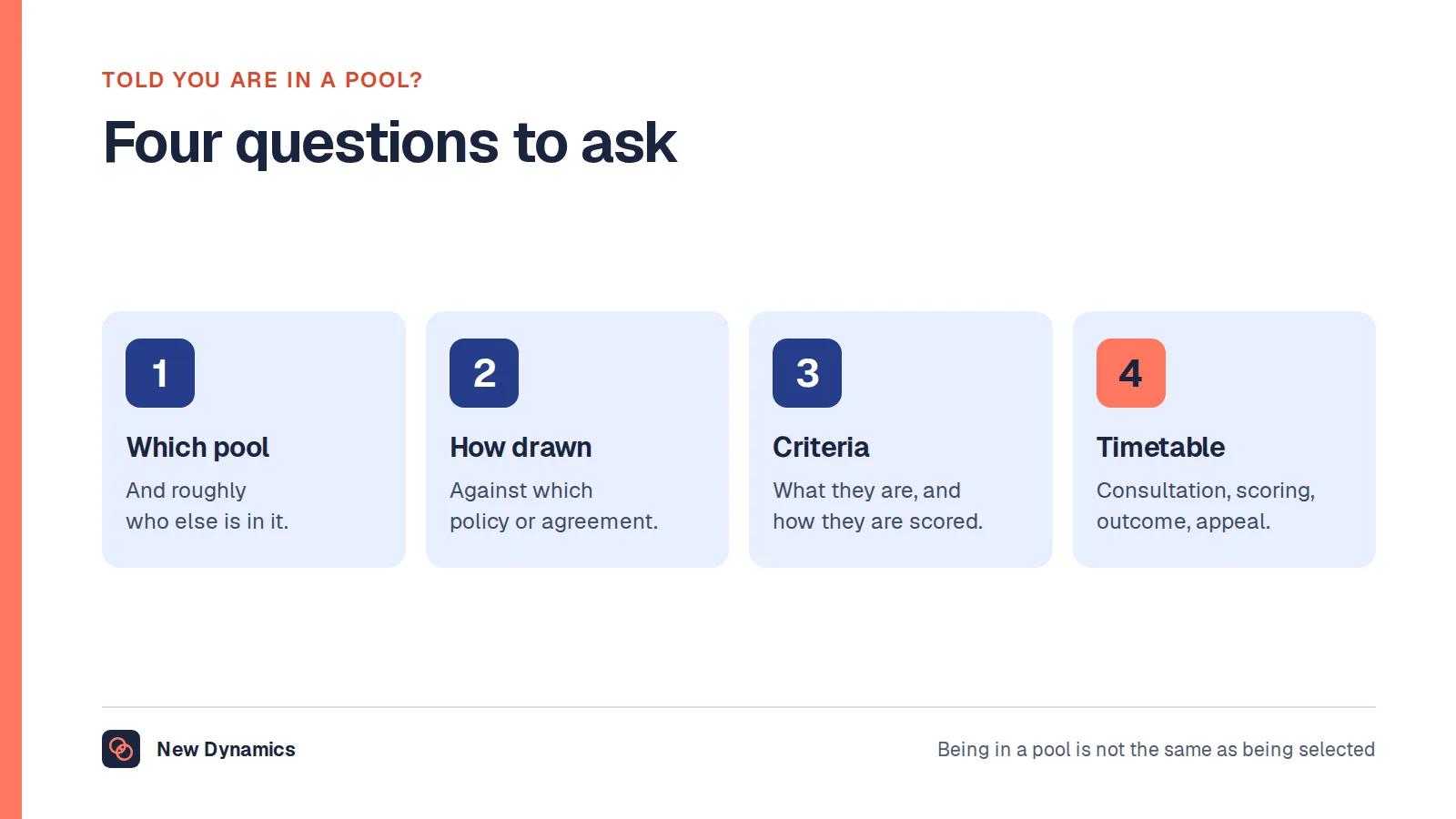 Four questions to ask if you are placed in a redundancy pool: which pool, how it was decided, what the criteria are, and what the timetable is.