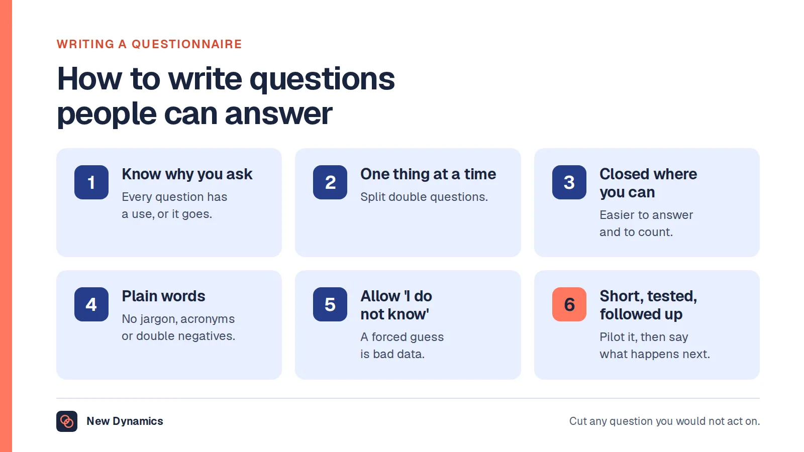 Eight rules for writing a good questionnaire: know why you ask each question, ask one thing at a time, use closed questions where you can, use plain words, allow I do not know, keep it short, test it first and say what happens next.