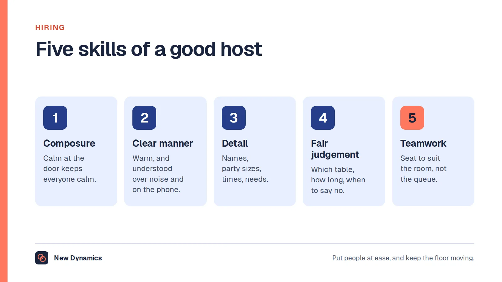 Five skills of a good restaurant host: composure, a clear friendly manner, attention to detail, fast fair judgement, and teamwork.