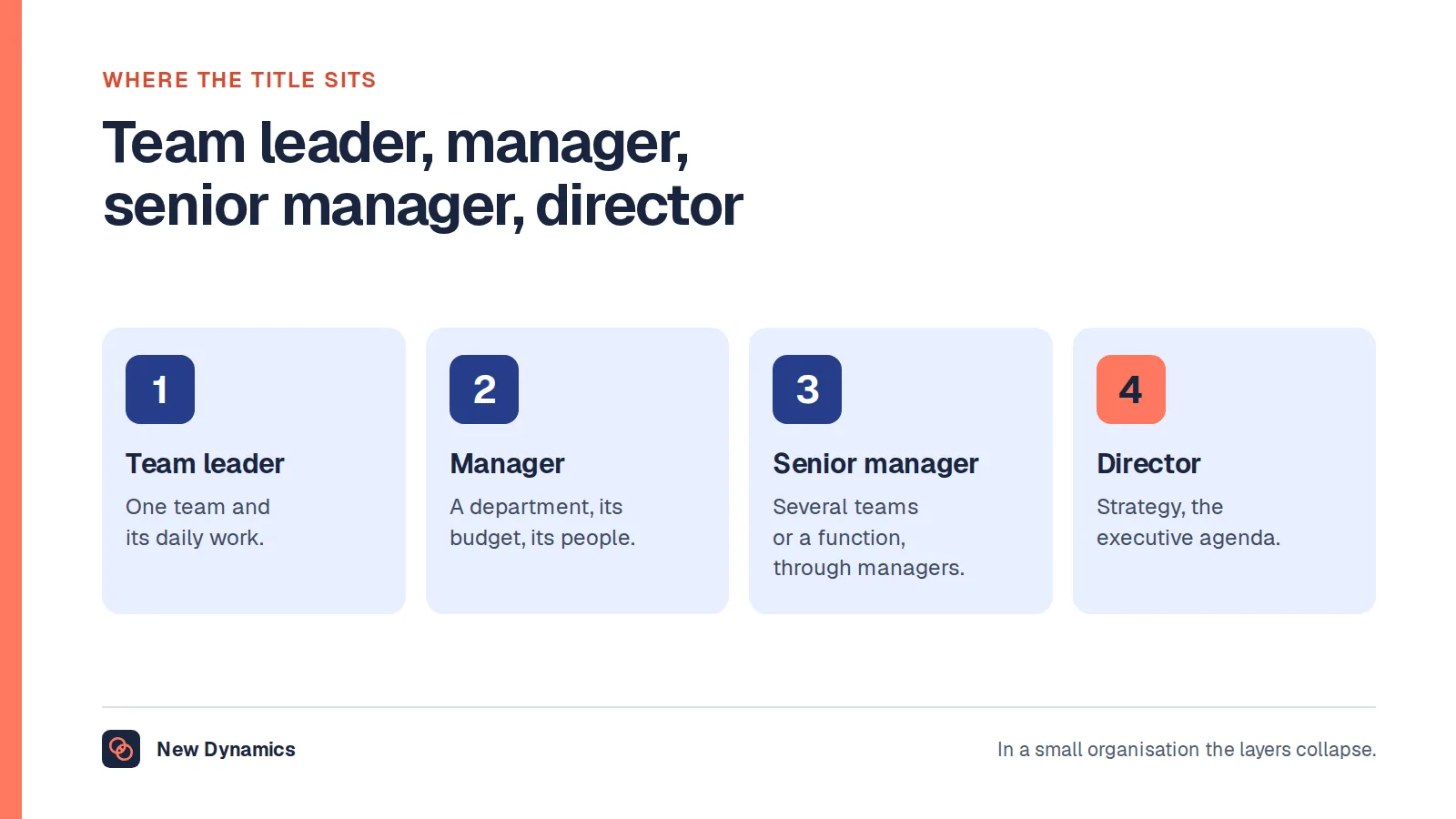 Four management levels: team leader owning one team, manager owning a department, senior manager owning several teams or a function through other managers, and director owning the function's strategy and executive agenda.