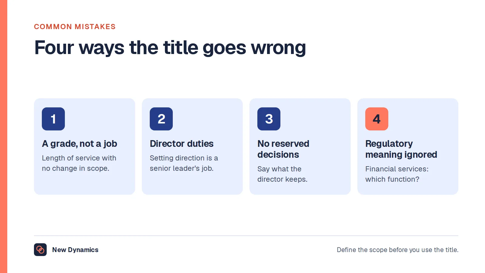 Four common mistakes with the senior manager title: a pay grade rather than a job, director duties on senior manager pay, no reserved decisions, and ignoring the regulatory meaning in financial services.