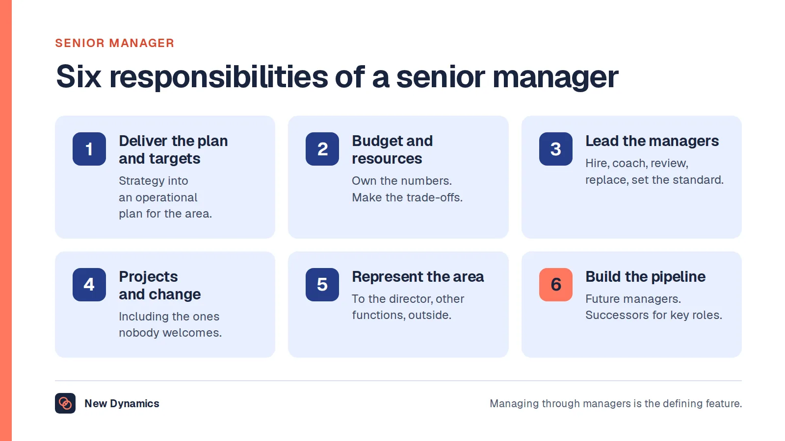 Senior manager job in six responsibilities: deliver the area's plan and targets, manage the budget and resources, lead and develop the managers, run projects and change, represent the area upwards and outwards, and build the talent pipeline.