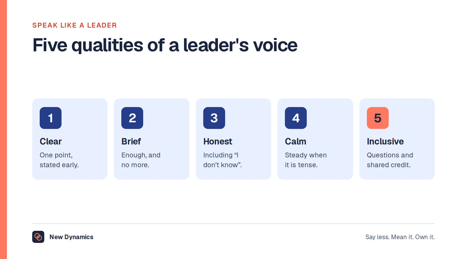 Speak like a leader: five qualities of a leader's voice are clear, brief, honest, calm and inclusive.