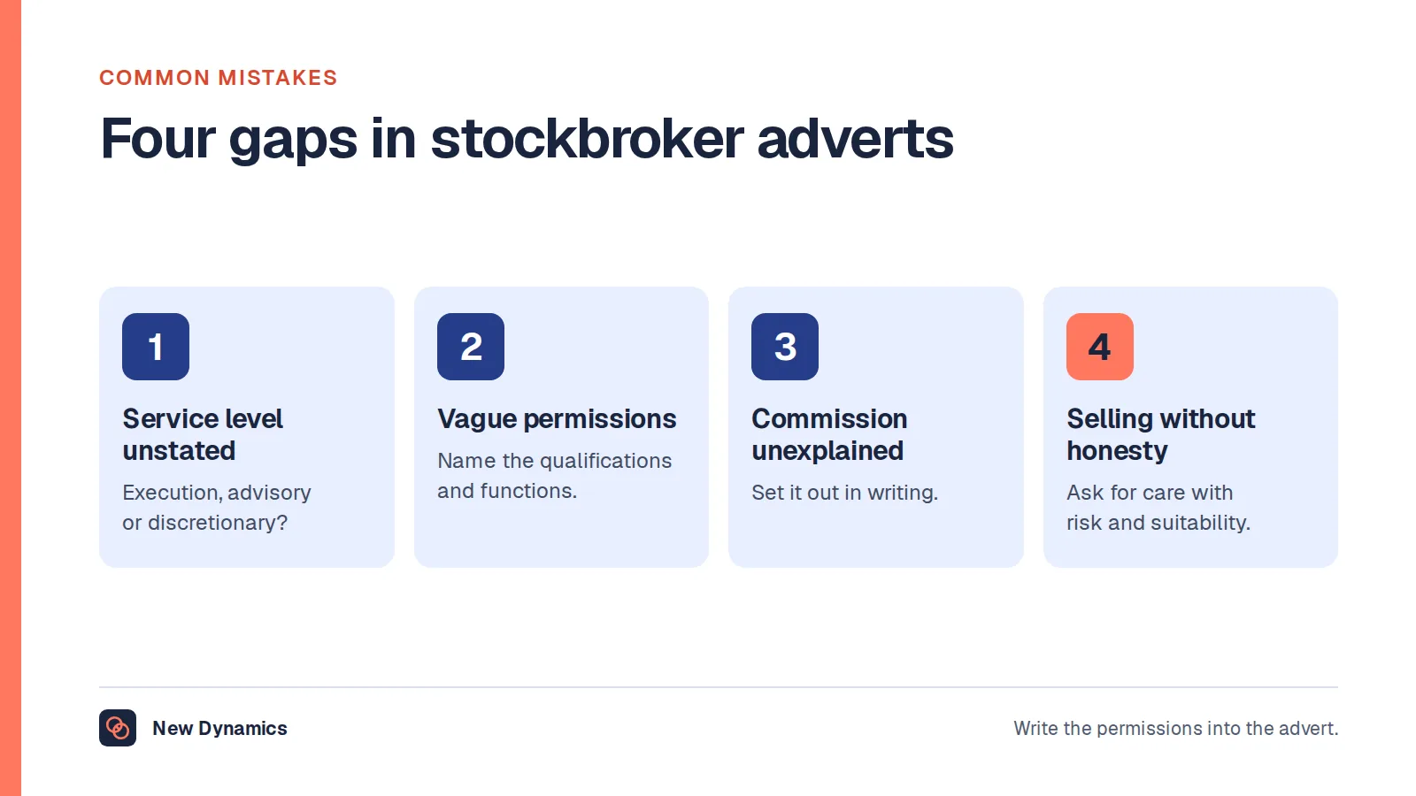 Four common gaps in stockbroker adverts: the level of service unstated, permissions and qualifications vague, the commission scheme unexplained, and selling asked for without honesty about risk.
