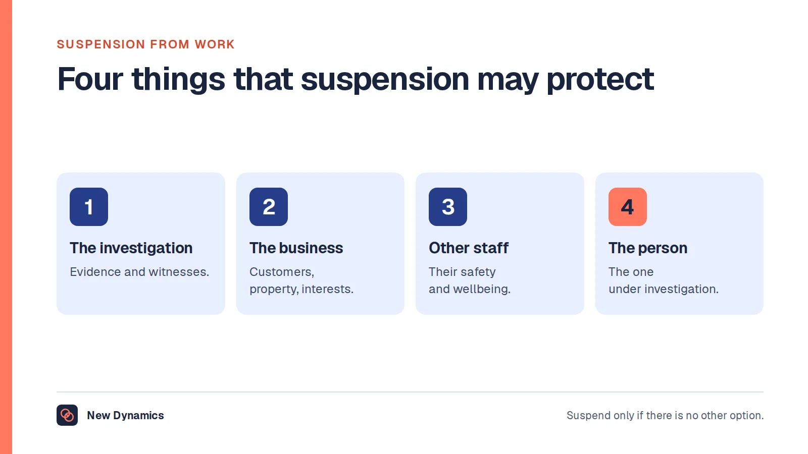 What does suspension mean at work: four things that suspension may protect, according to Acas. The investigation, the business, other staff and the person under investigation.