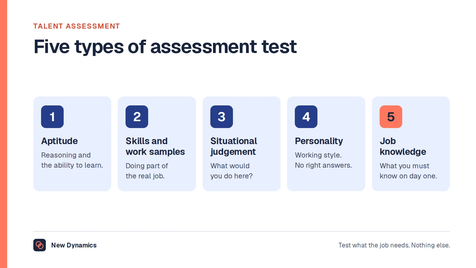Talent assessment test types: aptitude or cognitive ability tests, skills tests and work samples, situational judgement tests, personality questionnaires and job knowledge tests.