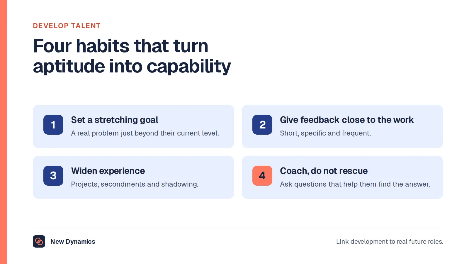 Four habits for developing talent: set a stretching goal, give feedback close to the work, widen experience, and coach rather than rescue.