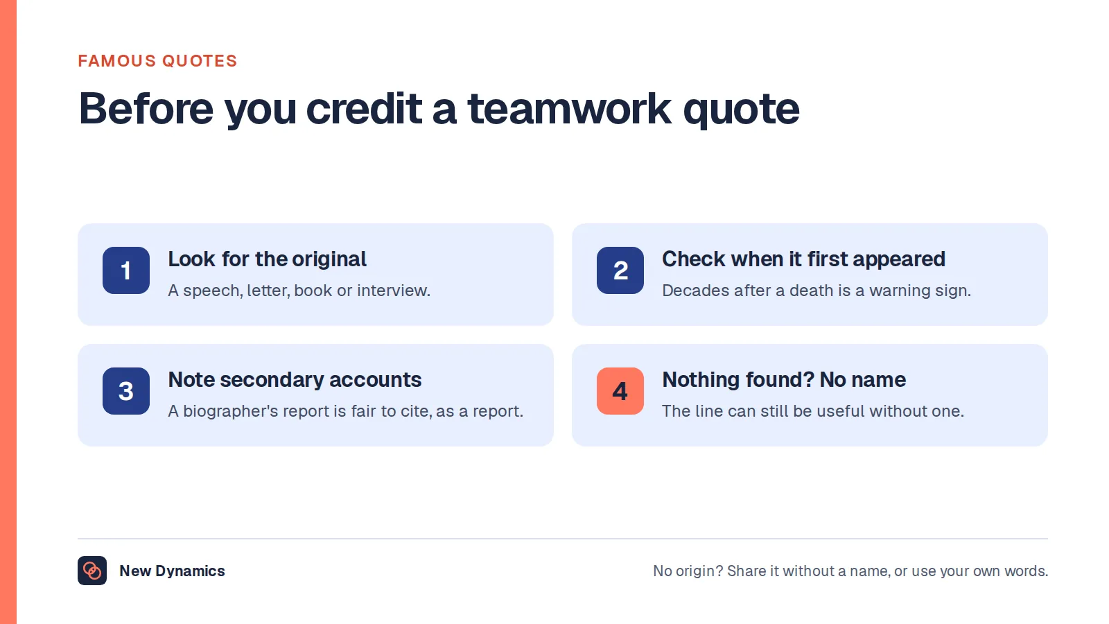 Four checks before crediting a famous teamwork quote: look for the original source, check when it first appeared, note whether it rests on a secondary account, and drop the name if nothing can be found.