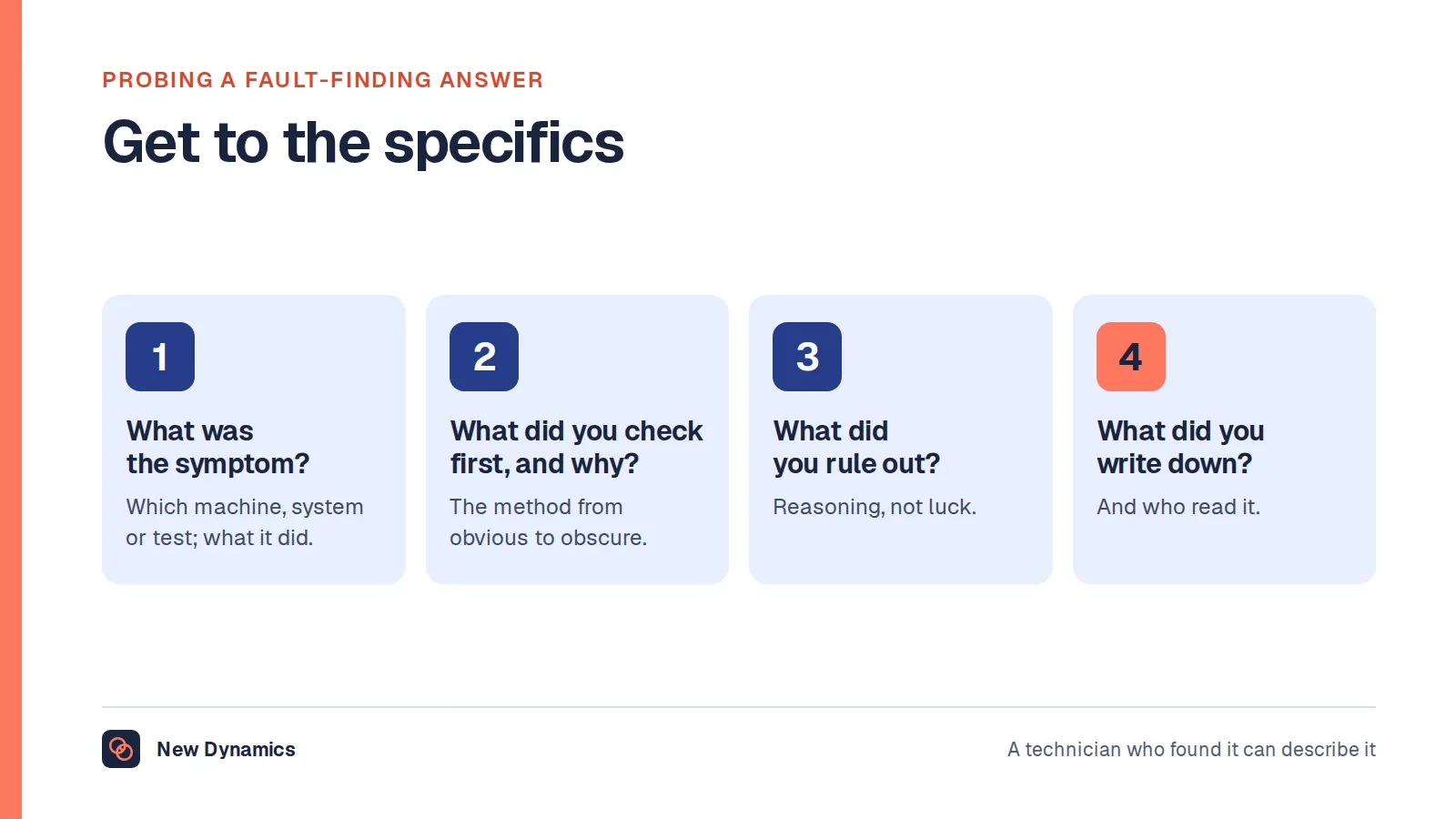 Four probes for a technician's fault-finding answer: what was the symptom, what did you check first and why, what did you rule out, and what did you write down afterwards.