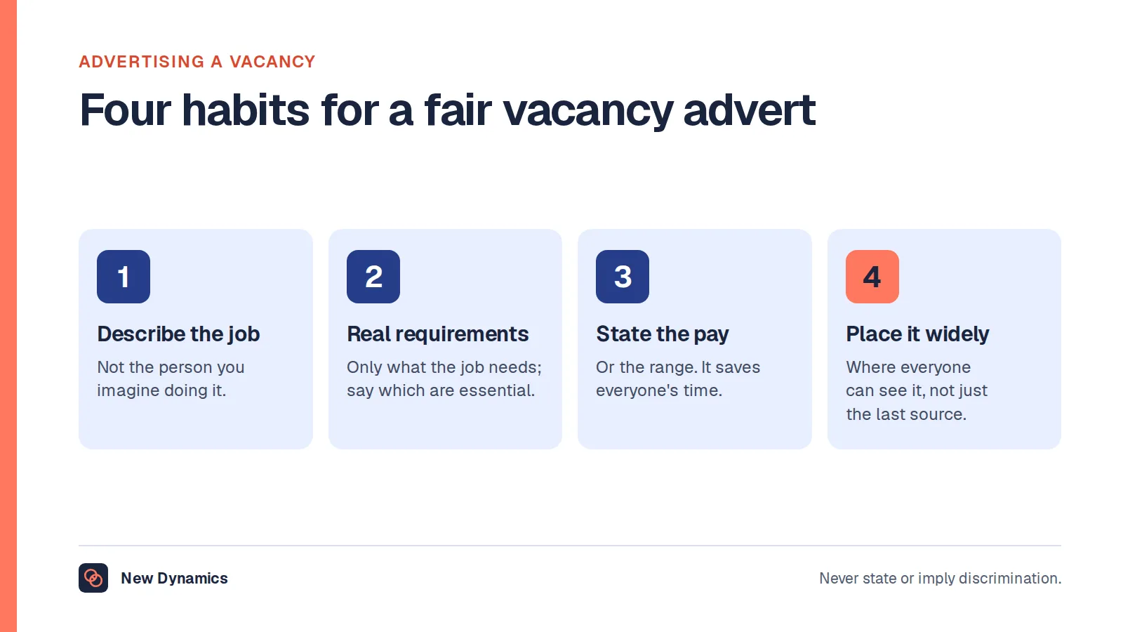 Four habits for a fair vacancy advert: describe the job rather than the person you imagine, list only real requirements and say which are essential, state the pay or range, and place the advert where everyone can see it.