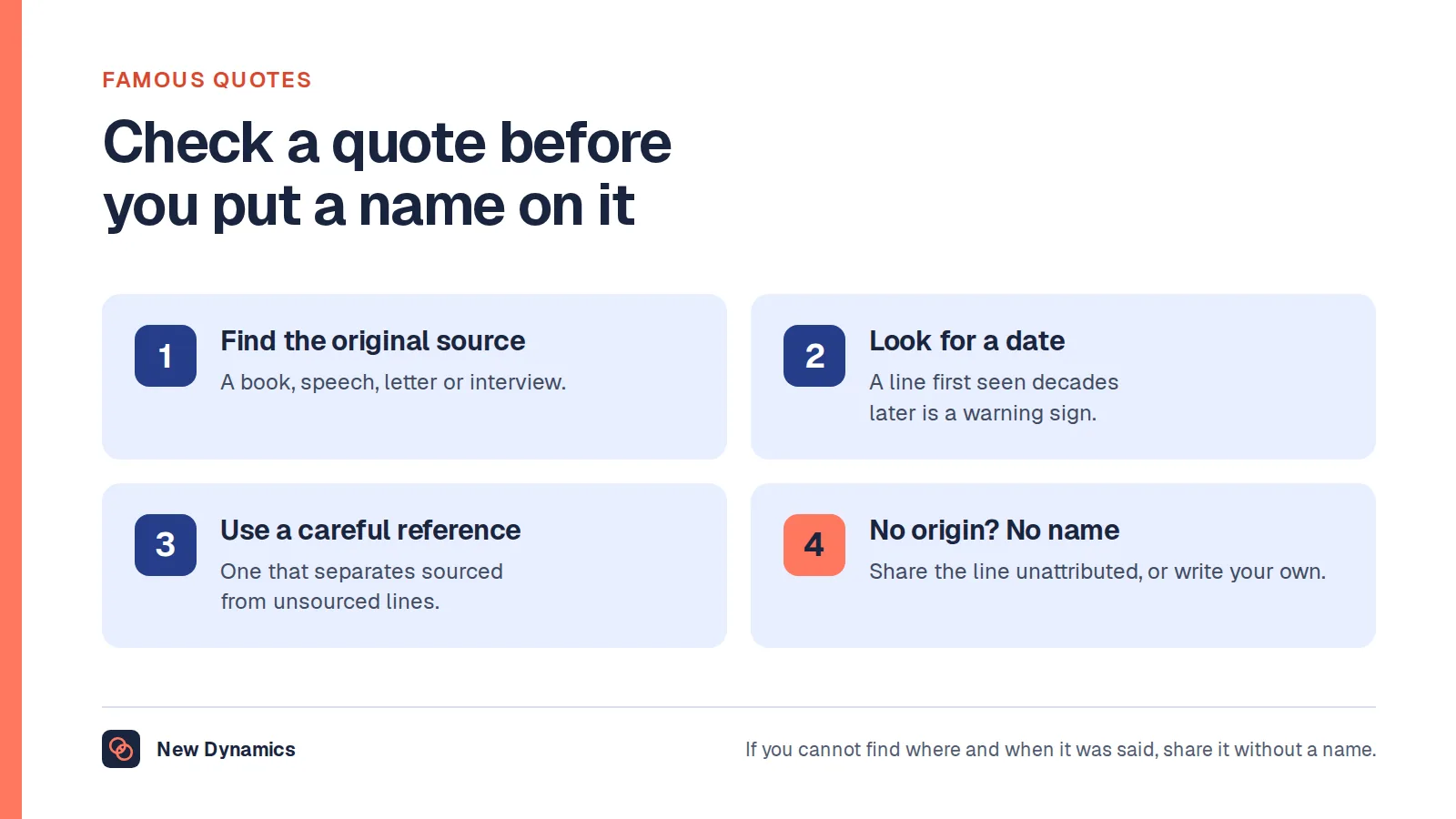 Four checks before sharing a famous work quote: find the original source, look for a date, use a reference that separates sourced from unsourced lines, and drop the name if no origin can be found.