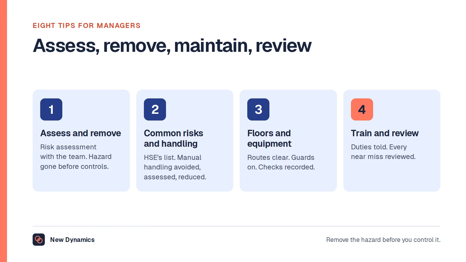 Eight health and safety tips for managers grouped in four: assess the risks with the team and remove hazards first; start with the common causes of harm and treat manual handling as a hazard; keep floors and routes clear and maintain and guard equipment; train people and review after every incident and change.